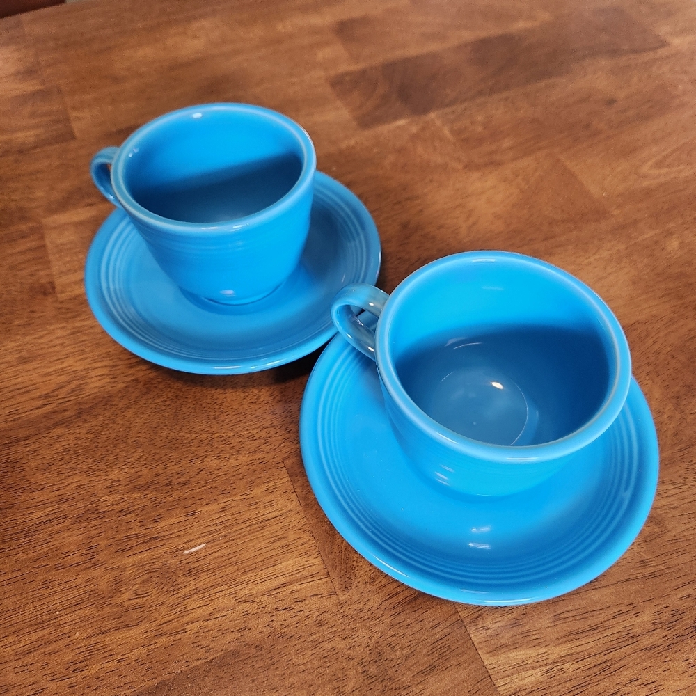 Fiestaware Tea Coffee Cups With Saucers Blue Lapis Set Of Two